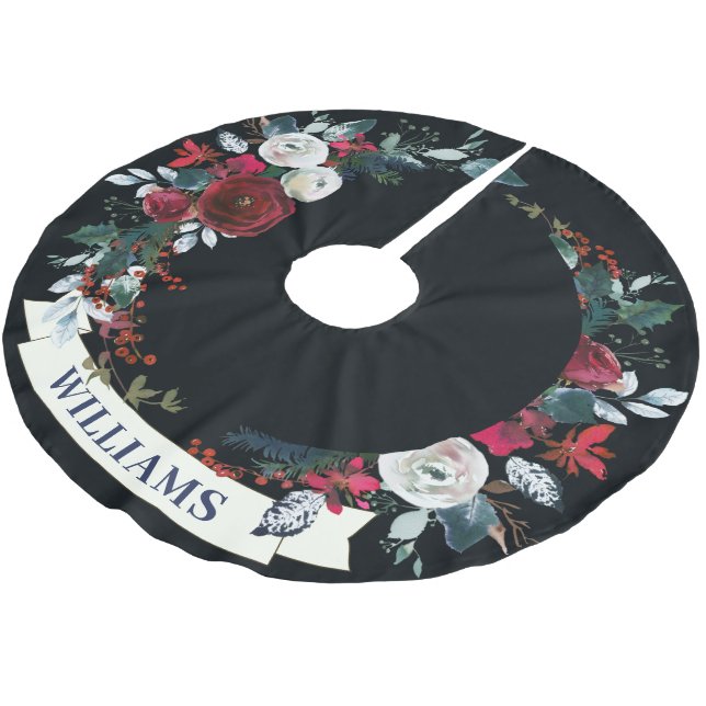 Elegantes Weihnachts-Rotes Winter-Rose-Wreath-Must Polyester Weihnachtsbaumdecke (Schrägansicht)