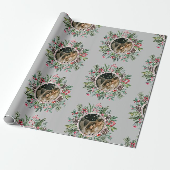 Elegantes Weihnachts-Round-Frame-Foto Silver Geschenkpapier (Ungerollt)