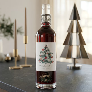 Elegantes Weihnachts-Wasserfarben-Weinbaum-Wein Weinetikett