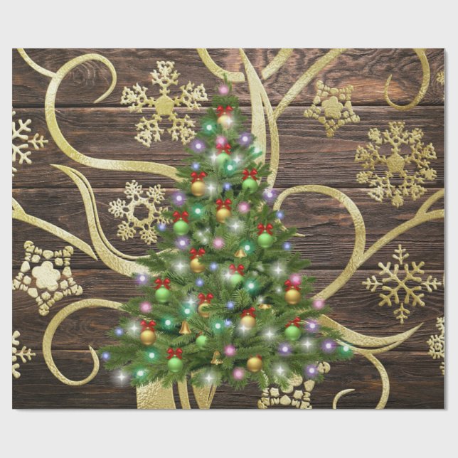 Elegantes Weihnachtsbaum Barn Wood Gold Design Geschenkpapier (Flach)