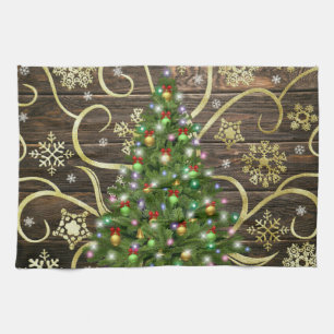 Elegantes Weihnachtsbaum Barn Wood Gold Design Geschirrtuch