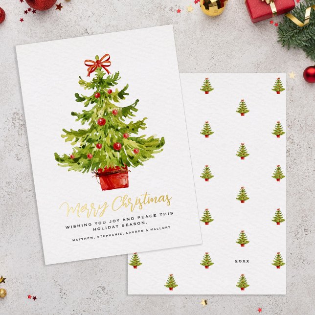 Elegantes Weihnachtsbaum Gold Script Folien Feiertagskarte (Elegant Watercolor Christmas Tree Gold Script Foil Holiday Card Front & Back)