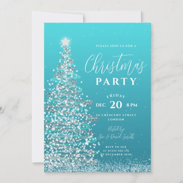 Elegantes Weihnachtsbaum Party Silberner Aquamarin Einladung (Vorderseite)