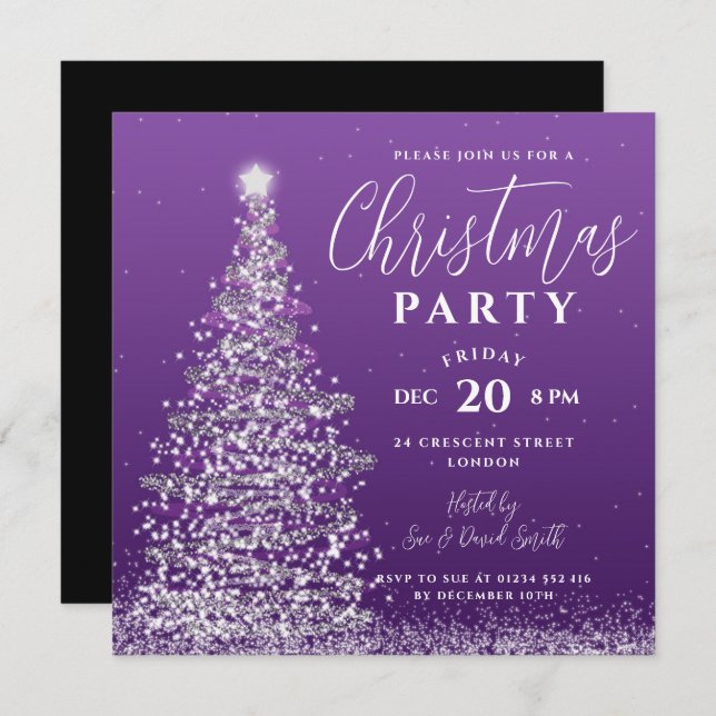 Elegantes Weihnachtsbaum Party Silberner Lila Urla Einladung (Vorne/Hinten)