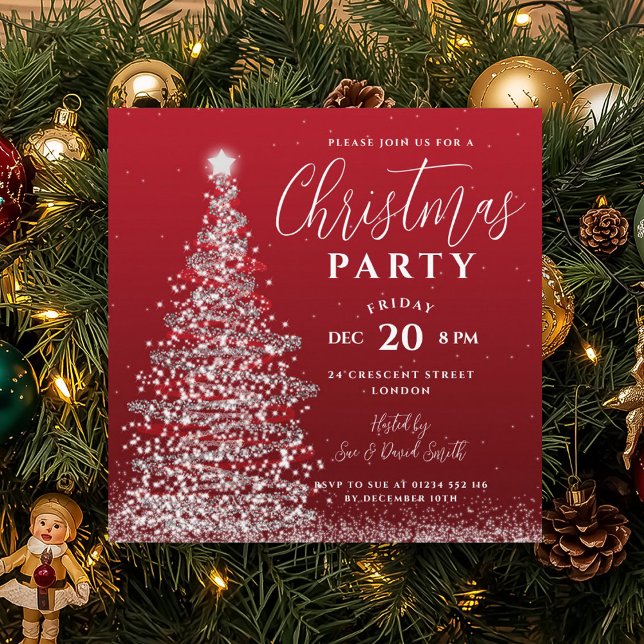 Elegantes Weihnachtsbaum-Party Silberroter Feierta Einladung (Elegant Christmas Tree Party Silver Red Holiday Invitation)