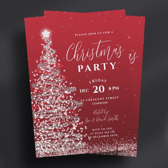 Elegantes Weihnachtsbaum-Party Silberroter Feierta Einladung (Elegant Christmas Tree Party Silver Red Holiday Invitation)