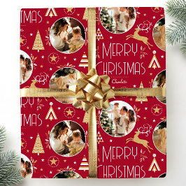 Elegantes Weihnachtsbaum Rentier Foto Deep Red Gol Geschenkpapier