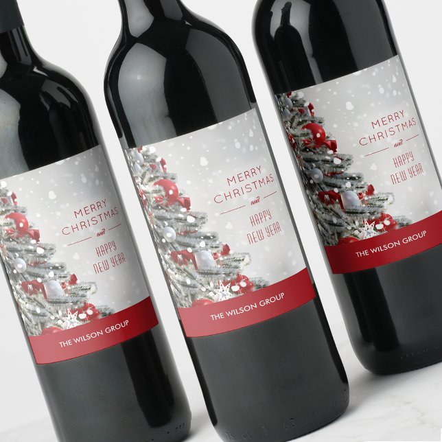 Elegantes Weihnachtsbaumgeschenk Weinetikett (Elegant red and white Christmas tree on business gift wine bottle labels)