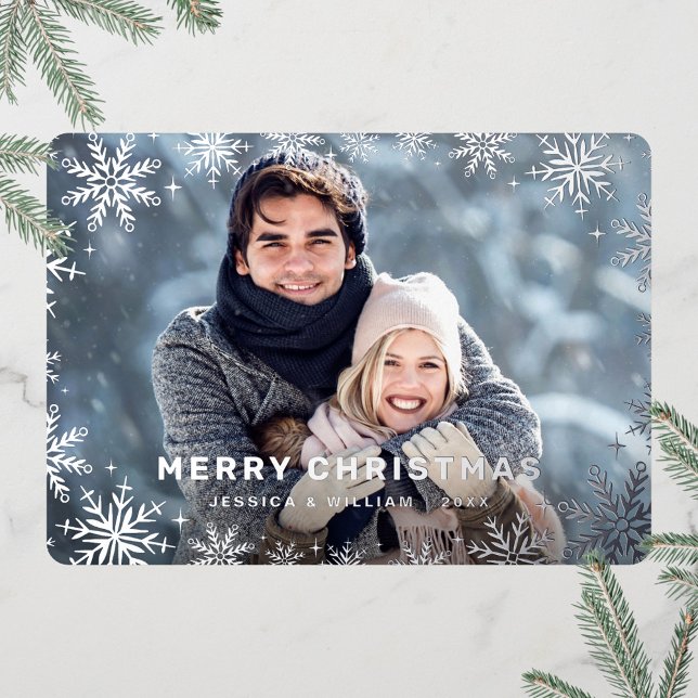 Elegantes Weihnachtsblatt Foto Silver Folien Feiertagskarte (Von Creator hochgeladen)