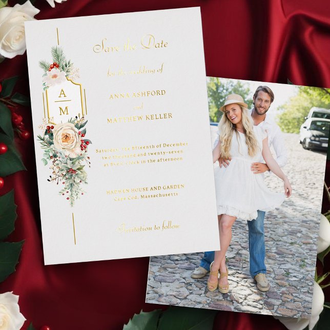 Elegantes Weihnachtsblumenmonogramm Save the Date Folieneinladung (Von Creator hochgeladen)