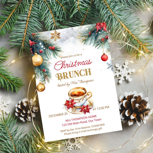 Elegantes Weihnachtsbrunch-Party Einladung (Elegant Christmas brunch tea party editable template invitation digital download watercolor pines)
