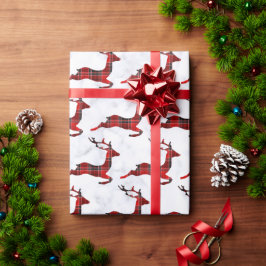 Elegantes Weihnachtsbüffel Kariert Rentier & Marmo Geschenkpapier