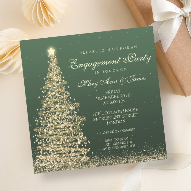 Elegantes Weihnachtsengagement Party Green Gold Einladung (Elegant Christmas Engagement Party Green Gold Invitation)