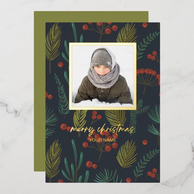 Elegantes Weihnachtsfest Botanisches Foto Folien Feiertagskarte (Vorderseite/Rückseite)