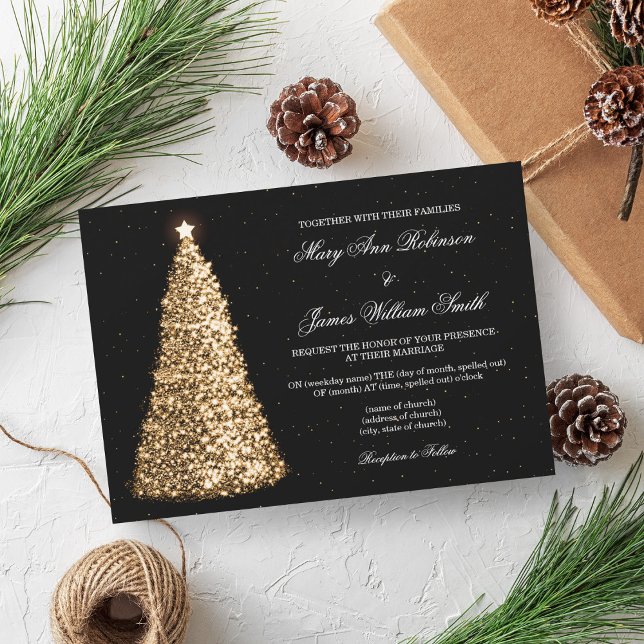 Elegantes Weihnachtsfest Einladung (Elegant Christmas Wedding Sparkle Tree Gold Invitation)