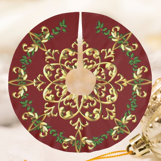 Elegantes Weihnachtsfest Rotes Gold Polyester Weihnachtsbaumdecke (Elegant Festive Christmas Red Gold Brushed Polyester Tree Skirt)