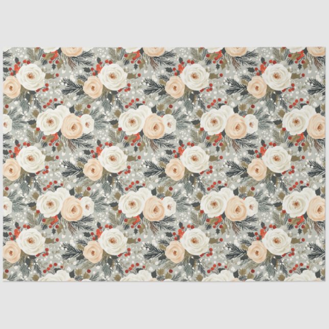 Elegantes Weihnachtsfest Weißer Rosen & Roter Wint Seidenpapier (Vorderseite)