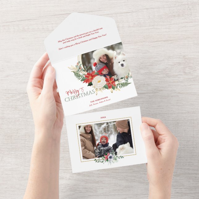 Elegantes Weihnachtsfloral mit Kalligrafie-Foto All In One Einladung (Abreißen)