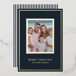 Elegantes Weihnachtsfoto einfach dunkle Navy Gold Folien Feiertagskarte