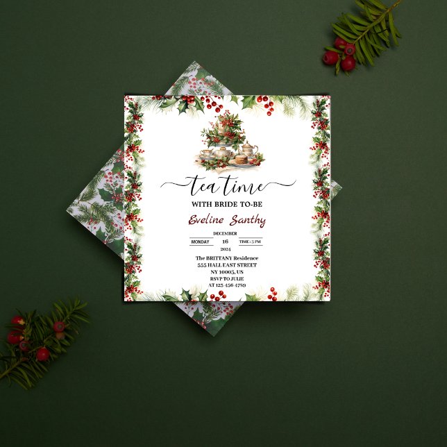Elegantes Weihnachtsgebäck Party Blumenkohl Brautp Einladung (Elegant Christmas Tea Party Floral Bridal Shower Invitation wedding holiday theme holly berries leaf)