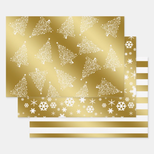 Elegantes Weihnachtsgold und weißes Muster Geschenkpapier Set (Set)