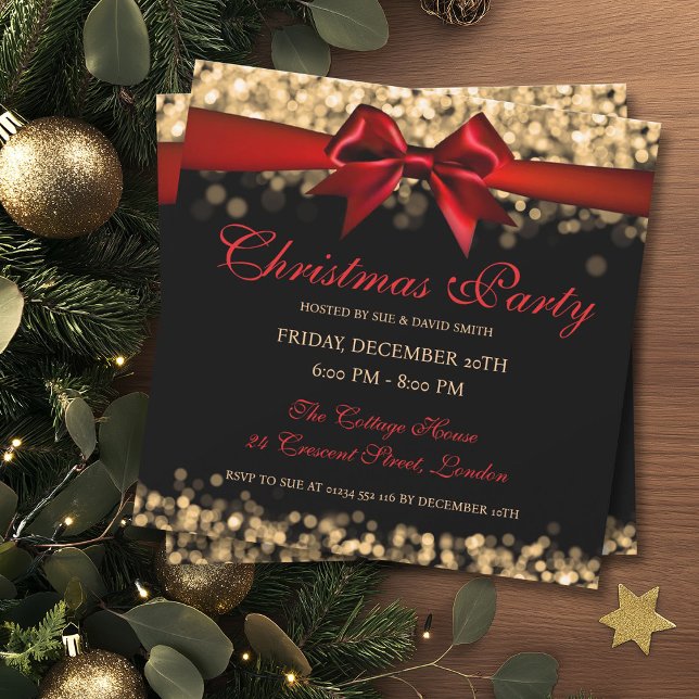 Elegantes Weihnachtsgolden Shimmer Lights Ribbon Einladung (Elegant Christmas Gold Shimmer Lights Ribbon Invitation)