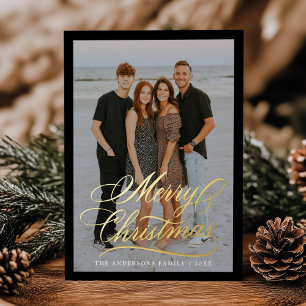 Elegantes Weihnachtsgruß-Script Schwarz 2 Foto Folien Feiertagskarte