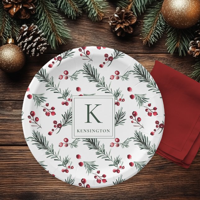 Elegantes Weihnachtsmongramm Pappteller (Elegant Christmas Botanical Monogram Paper Plates)