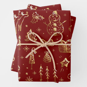 Elegantes Weihnachtsmuster in Rot und Gold Geschenkpapier Set