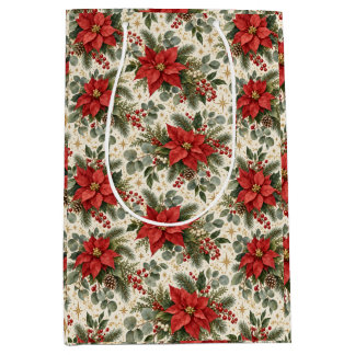 Elegantes Weihnachtsmuster mit Poinsettien Mittlere Geschenktüte