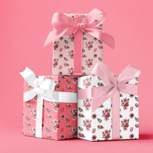 Elegantes Weihnachtsmuster mit rosa Poinsettien Geschenkpapier Set