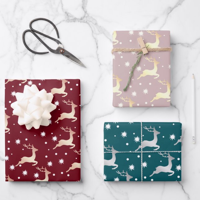 Elegantes Weihnachtsmuster Rentier Snowflake Geschenkpapier Set (Vorderseite)