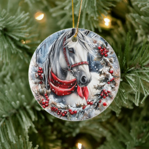 Elegantes Weihnachtspferd mit Winterkranz Keramik Ornament
