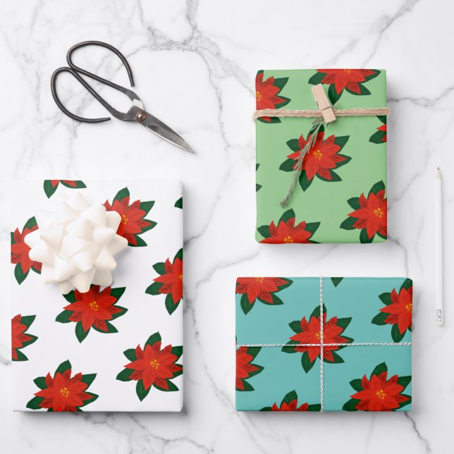 Elegantes Weihnachtspoinsettia Blume Blumenmuster Geschenkpapier Set (Vorderseite)