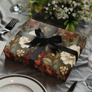 Elegantes Weihnachtsrot und winterweiße Flora Geschenkpapier
