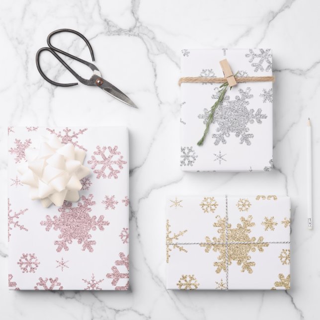 Elegantes Weihnachtsschneeflockenmuster Geschenkpapier Set (Vorderseite)
