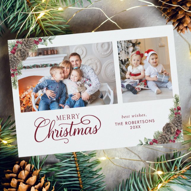 Elegantes Weihnachtsskript Botanisches 2-Foto Feiertagskarte (Von Creator hochgeladen)