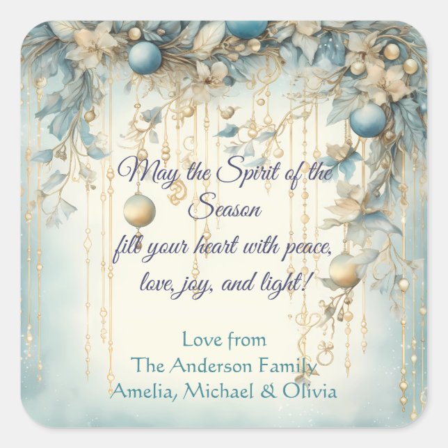 Elegantes Weihnachtswasser Botanisch Quadratischer Aufkleber (Vorderseite)