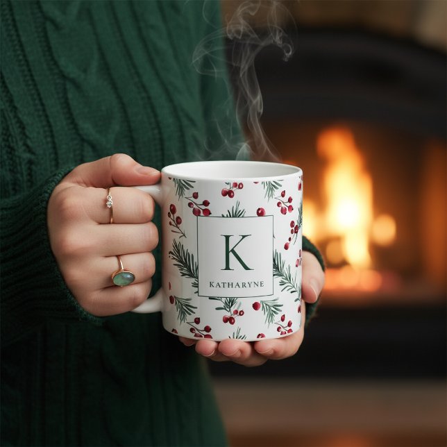 Elegantes Weihnachtswasser Botanisches Monogramm Kaffeetasse (Elegant Christmas Watercolor Botanical Monogram Coffee Mug)