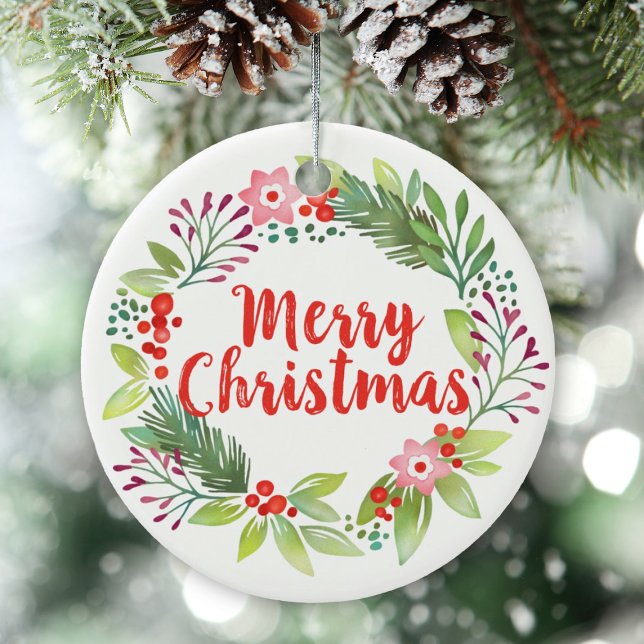 Elegantes Weihnachtswatercolor-Kranz-Foto Keramik Ornament (A pretty Watercolor Christmas wrath ornament, add your photo to the back.)