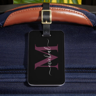 Elegantes Wein- & Schwarzes Monogramm-Schriftnamen Gepäckanhänger