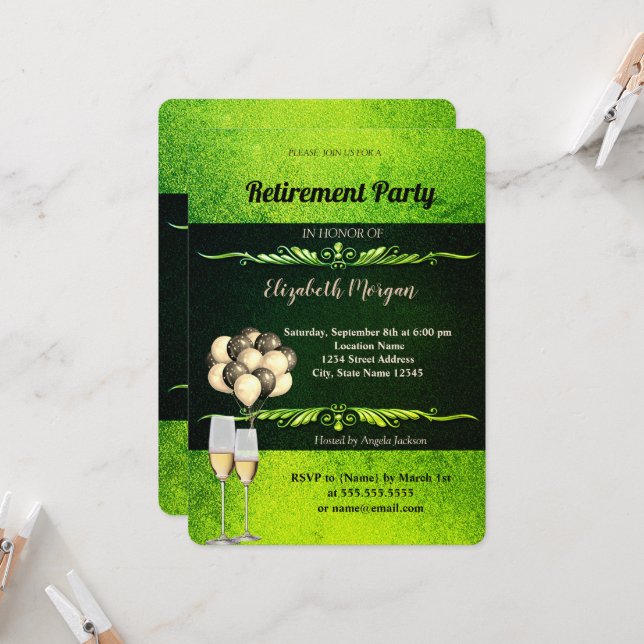 Elegantes Weinglas, Balloons, grüne Pension Einladung (Vorderseite/Rückseite Beispiel)