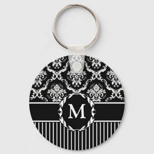 Elegantes Weiß auf schwarzem Damast Schlüsselanhänger