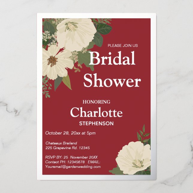 Elegantes Weiß Blumen Brautparty Rot und Blau Folieneinladung (Vorderseite)