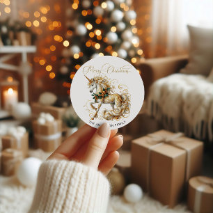 Elegantes weiß-goldenes Weihnachts-Einhorn Runder Aufkleber