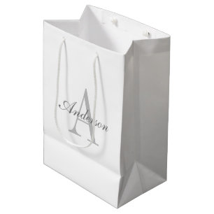 Elegantes Weiß- & Grau-Monogramm Mittlere Geschenktüte