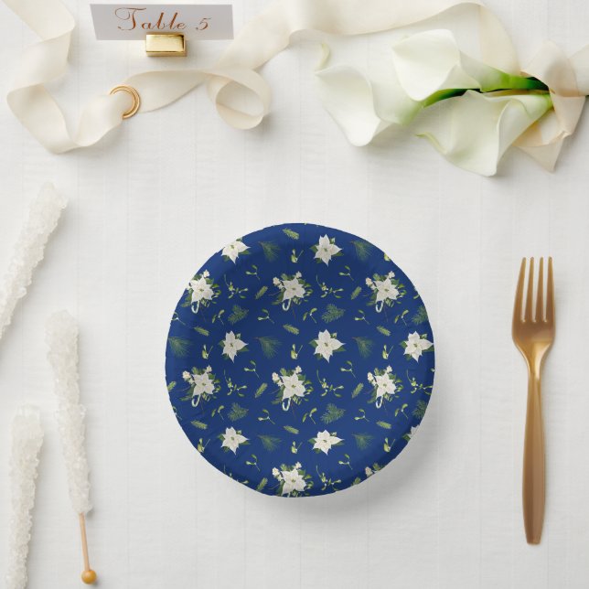Elegantes Weiß-Grün-Blumenmuster auf Navy Pappteller (Hochzeit)