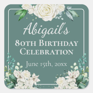 Elegantes Weiß Rose Floral 80. Geburtstag jedes Al Quadratischer Aufkleber