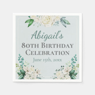 Elegantes Weiß Rose Floral 80. Geburtstag jedes Al Serviette