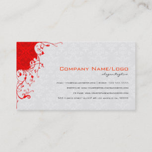 Elegantes Weiß & Rot Vintage Florale Damastmuster Visitenkarte